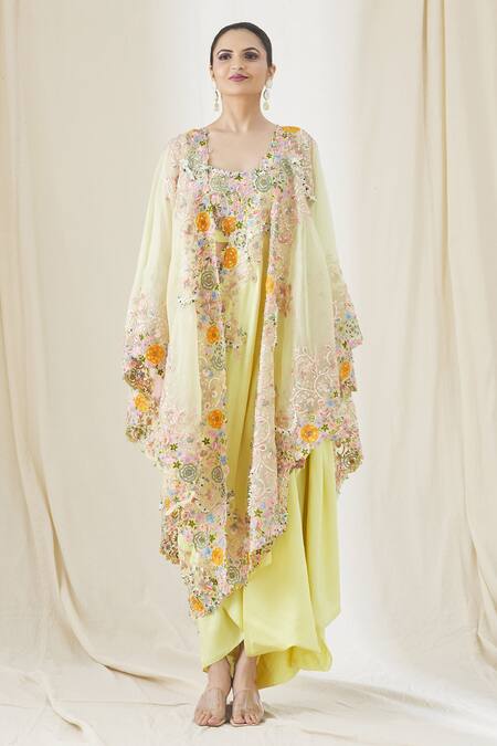 Shop_Anamika Khanna_Yellow Floral Embroidered Cape And Skirt Set_Online_at_Aza_Fashions