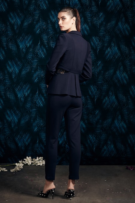 Shop Mandira Wirk - Indian Black Scuba, Chantility Floral Blazer Lapel, Bodysuit Embroidered Pant Set at Aza Fashions Shop_Mandira Wirk - Indian_Black Scuba, Chantility Floral Blazer Lapel, Bodysuit Embroidered Pant Set_at_Aza_Fashions