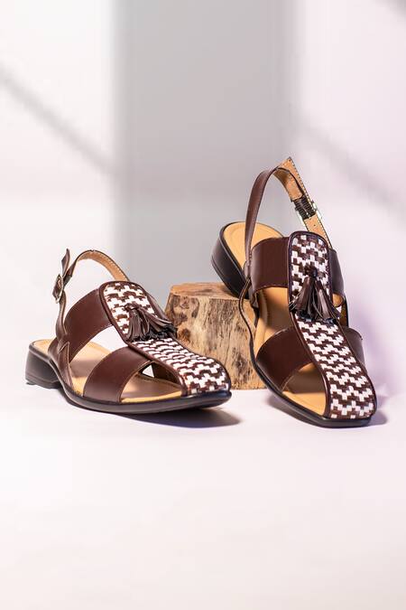 Shop The Frou Frou Studio Brown Suede Finish Vegan Leather Chevron Pattern Palatine Tasselled Sandals at Aza Fashions Shop_The Frou Frou Studio_Brown Suede Finish Vegan Leather Chevron Pattern Palatine Tasselled Sandals_at_Aza_Fashions