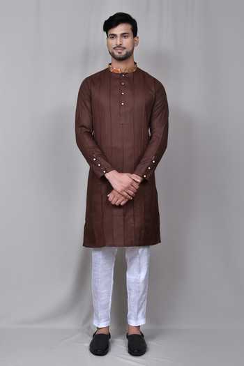 Brown - Pintuck Cotton Straight Pochampally Ikat Kurta 07
