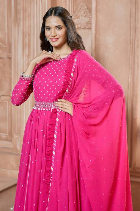 Buy_Aariyana Couture_Fuchsia Chiffon, Modal Beads Round Neck Embroidered Anarkali Set