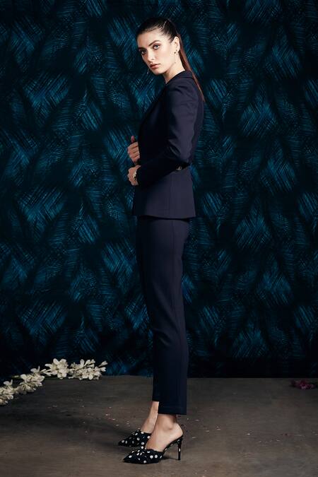 Mandira Wirk - Indian Black Scuba, Chantility Floral Blazer Lapel, Bodysuit Embroidered Pant Set Online at Aza Fashions Mandira Wirk - Indian_Black Scuba, Chantility Floral Blazer Lapel, Bodysuit Embroidered Pant Set_Online_at_Aza_Fashions