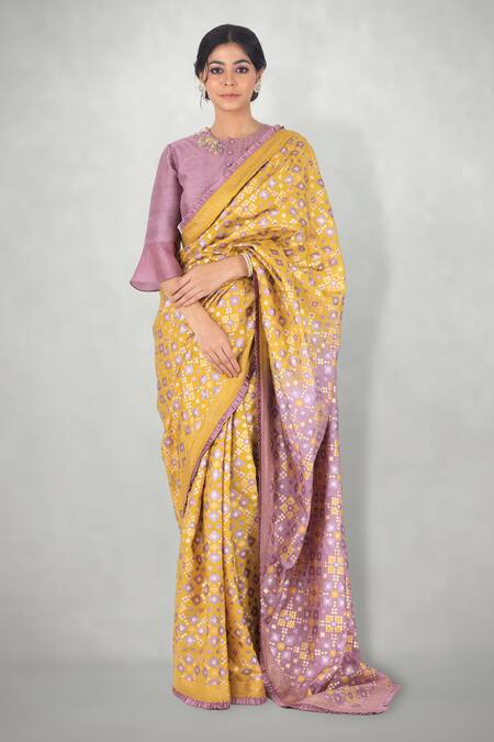 I Am Design Yellow Silk Ikkat Round Embroidered Blouse With Print Saree Online at Aza Fashions I Am Design_Yellow Silk Ikkat Round Embroidered Blouse With Print Saree _Online_at_Aza_Fashions