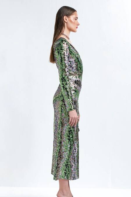 Shop Therealb Multi Color Polyester Sequin Work Surplice Neck Supernova High Slit Dress at Aza Fashions Shop_Therealb_Multi Color Polyester Sequin Work Surplice Neck Supernova High Slit Dress_at_Aza_Fashions