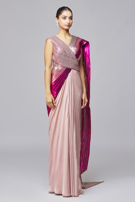 Amit Aggarwal_Fuchsia Chiffon Metallic Thread V-neck Stripe Draped Gown _Online_at_Aza_Fashions