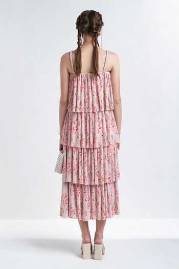 Buy_Therealb_Peach Polyester Floral Print Square Neck Aurora Tiered Dress_Online_at_Aza_Fashions
