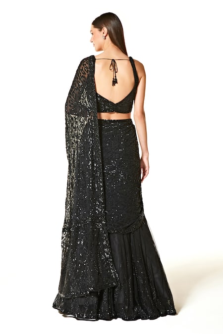 Shop_Rabani & Rakha_Black Georgette Beads, Sequins Round Adha Tonal Embroidered Lehenga Saree Set _at_Aza_Fashions