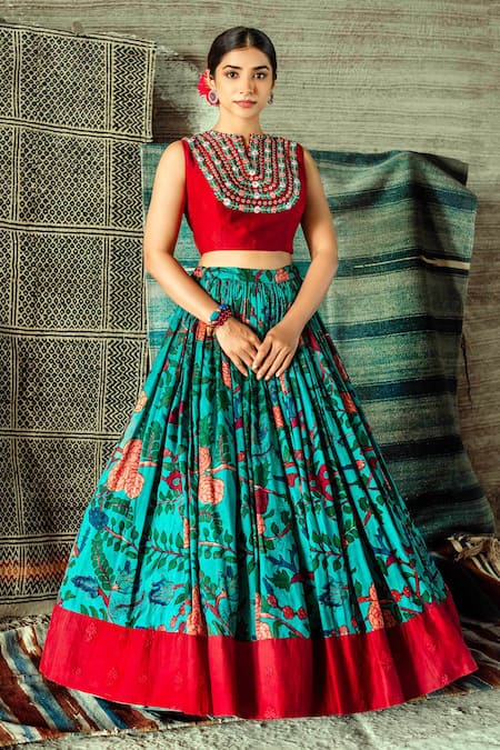 Art Silk Lehenga – Red Green Color Combination - Na Dhukan - Pure Desi  Market
