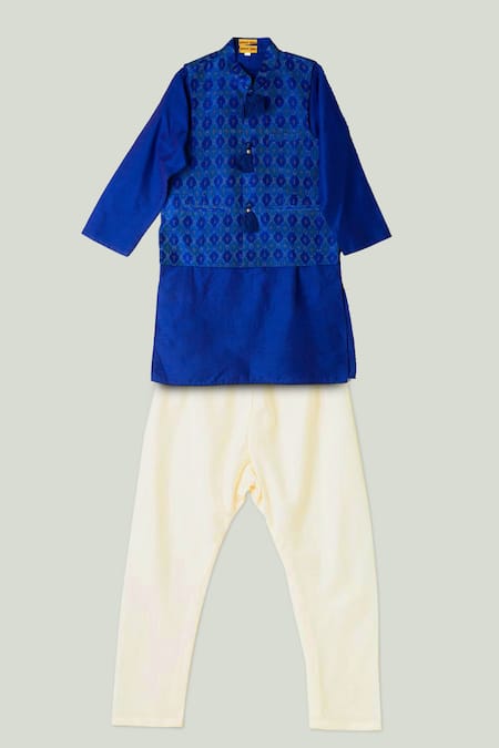 Shruti Jalan Blue Kota Doria, Cotton, Silk Tassels Ikat Print Bundi And Kurta Set 