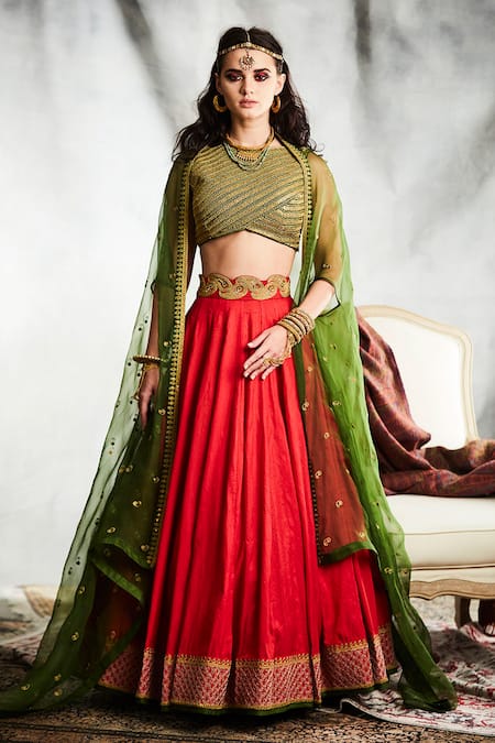 Current Inclination Maker Red Color Lehenga With Green Dupatta