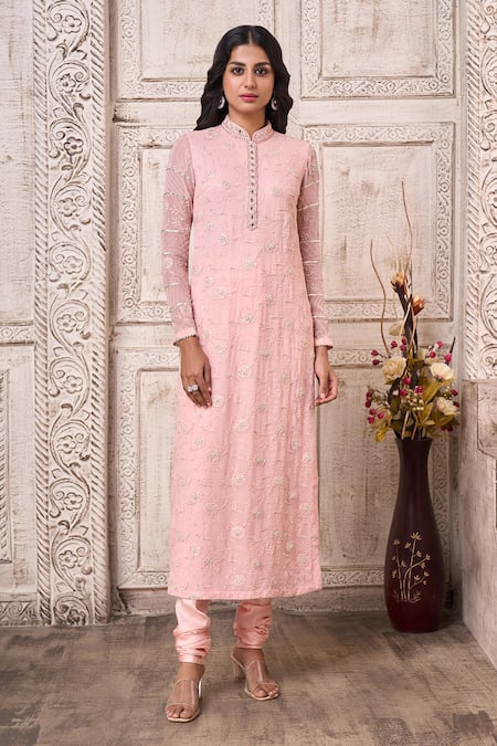 Buy_Aariyana Couture_Peach Viscose, Georgette Cut Work, Pearls, Floral Embroidered Straight Kurta Set