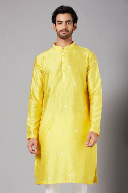 Hilo Design_Yellow Silk, Cotton, Lycra Embroidery Saanjh Kurta And Pant Set _Online_at_Aza_Fashions