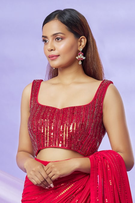 Yoshita Couture_Red Satin, Shantoon, Bag- , Blouse - With Noori Embroidered _at_Aza_Fashions