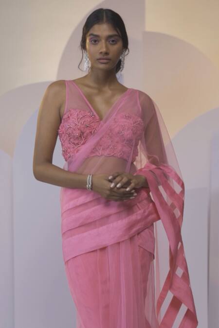 Shop Shloka Khialani Pink Silk, Net, Crepe Floral V Neck Claire Pre-draped Saree With Blouse Online at Aza Fashions Shop_Shloka Khialani_Pink Silk, Net, Crepe Floral V Neck Claire Pre-draped Saree With Blouse_Online_at_Aza_Fashions