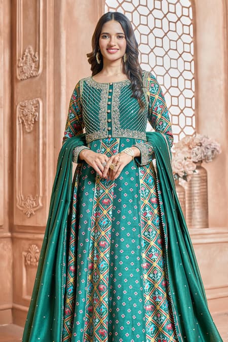 Aariyana Couture_Green Tussar, Modal, Chanderi Tassels, Embroidery Patola Print Anarkali Set_at_Aza_Fashions