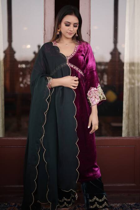 Shop_Negra Elegante_Magenta Silk Velvet Hand Embroidered Zardozi V Neck Anarkali And Palazzo Set _at_Aza_Fashions