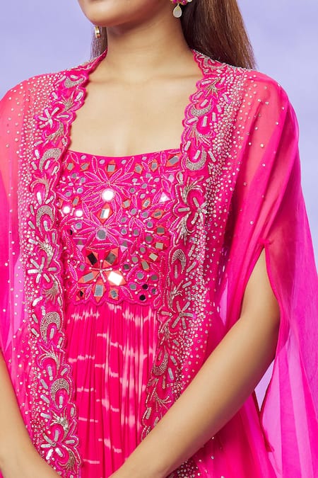 Buy_Yoshita Couture_Pink Anarkali - Georgette With Shantoon Lining, Cape- Organza Inaya Tie Dye _Online_at_Aza_Fashions