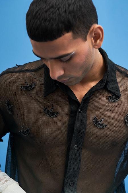 Siddhant Agrawal_Black 100% Cotton Mesh Cranes Ombre Shirt _at_Aza_Fashions