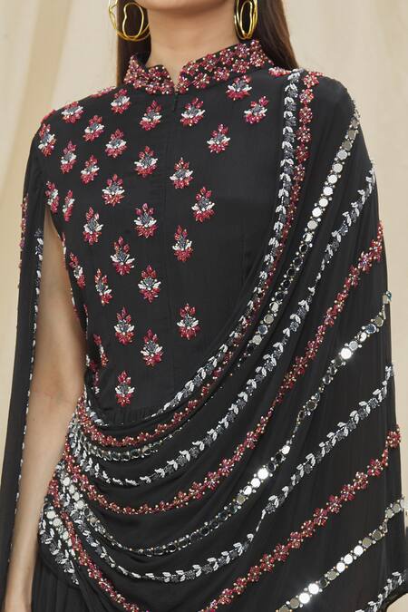 Two Sisters By Gyans_Black Chiffon Mirror, Bead And Cut Dana Work High Striped Embroidered Draped Gown _at_Aza_Fashions