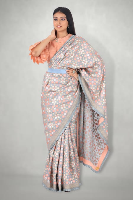 Buy I Am Design Grey Silk Round Printed Saree Set Online at Aza Fashions Buy_I Am Design_Grey Silk Round Printed Saree Set _Online_at_Aza_Fashions