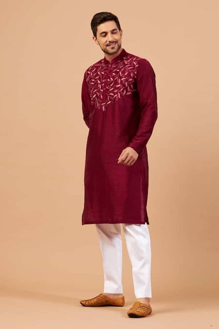 Buy_Hilo Design_Purple Silk, Cotton, Lycra Embroidery Leaf Motif Basik Kurta And Pant Set _Online_at_Aza_Fashions