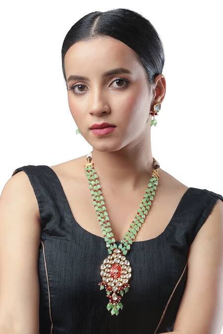 Buy HRISHA Gold Plated Agates Long Necklace Set at Aza Fashions Buy_HRISHA_Gold Plated Agates Long Necklace Set_at_Aza_Fashions