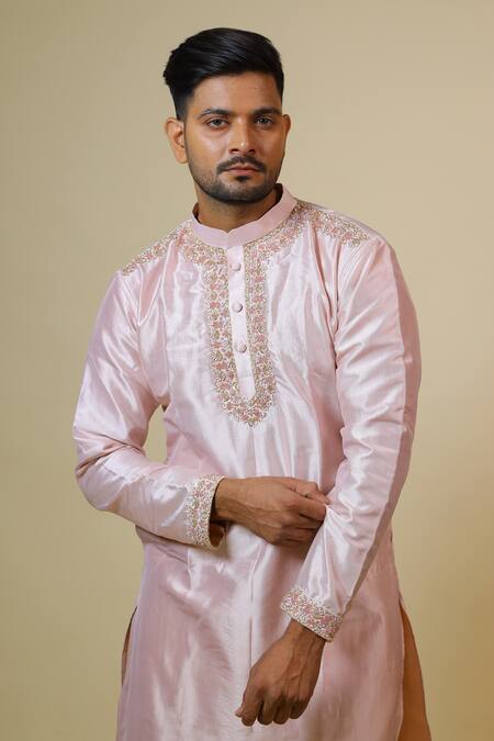 Hilo Design_Coral Cotton, Silk, Lycra Cut Work Mandarin Collar Kurta Set _at_Aza_Fashions