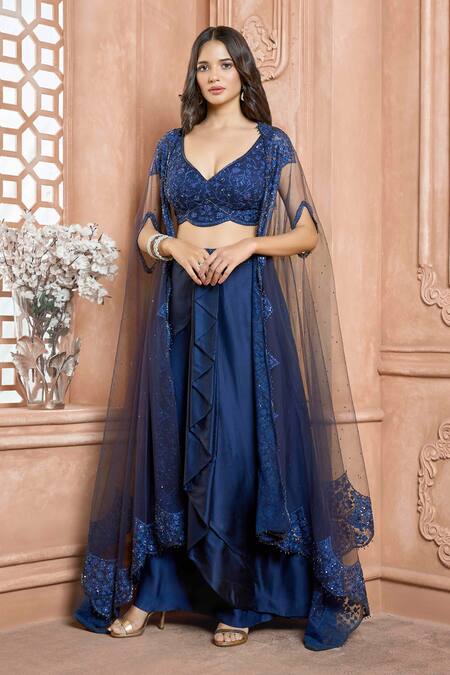 Buy_Aariyana Couture_Blue Silk, Georgette Embroidery, Tassels Plunge Sheer Cape And Draped Skirt Set_Online_at_Aza_Fashions