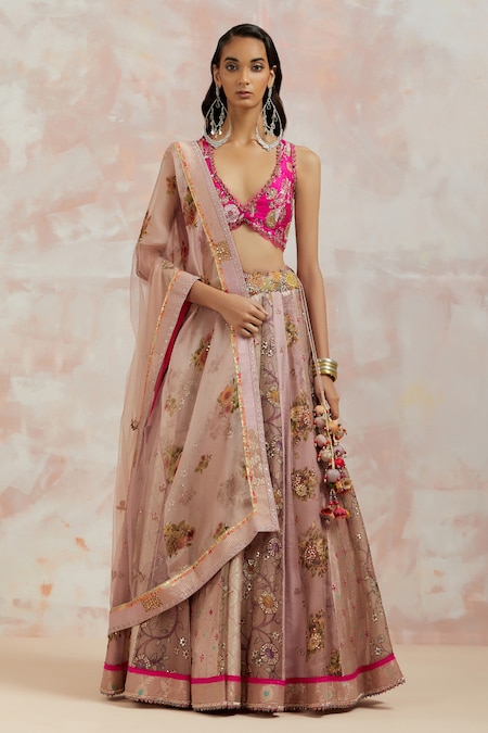 Buy Fuchsia Blouse Silk Embroidery Mirror V Neck Banarasi Lehenga Set For  Women by AUM by Asit and Ashima Online at Aza Fashions.