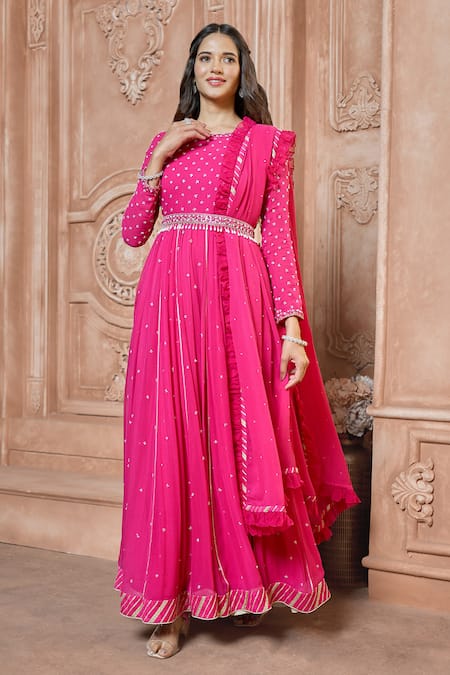 Aariyana Couture_Fuchsia Chiffon, Modal Beads Round Neck Embroidered Anarkali Set_Online_at_Aza_Fashions