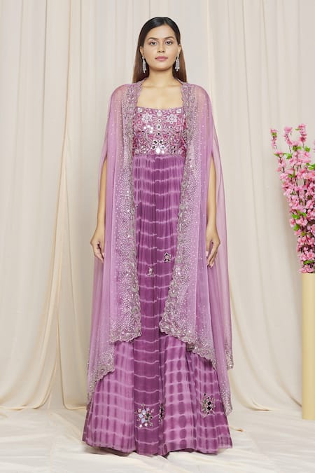 Shop Yoshita Couture Purple Anarkali - Georgette With Shantoon Lining, Cape- Organza Liana Tie Dye Online at Aza Fashions Shop_Yoshita Couture_Purple Anarkali - Georgette With Shantoon Lining, Cape- Organza Liana Tie Dye _Online_at_Aza_Fashions