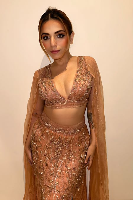 Buy_Divya Aggarwal_Coral Crushed Organza Abstract Plunge V Lilo Embroidered Skirt Set_Online_at_Aza_Fashions