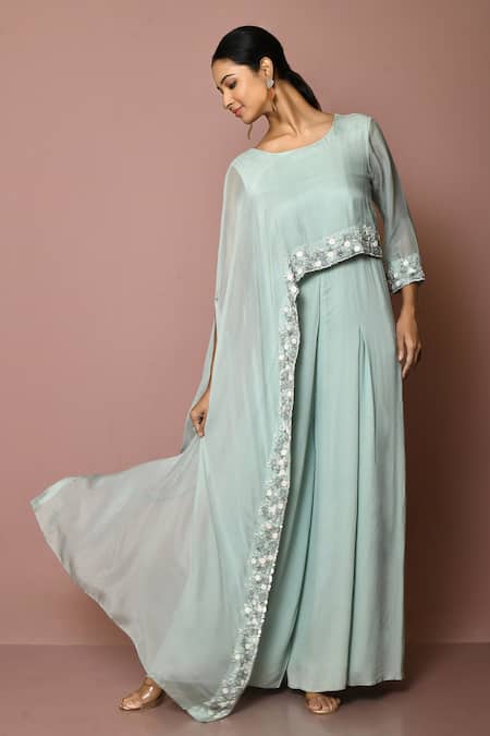 Buy Blue Organza Embroidery Thread Round Sleeve Jumpsuit For Women