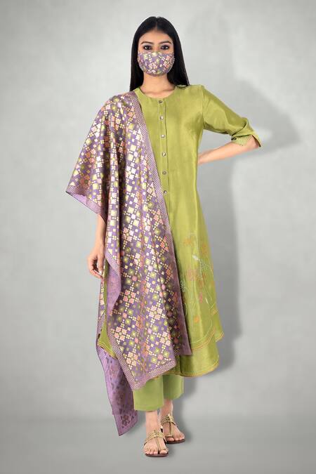 I Am Design_Blue Satin Linen Embroidered Kurta Set _Online_at_Aza_Fashions