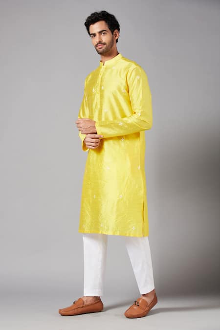 Shop_Hilo Design_Yellow Silk, Cotton, Lycra Embroidery Saanjh Kurta And Pant Set _Online_at_Aza_Fashions