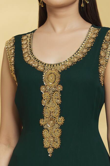 Shop Aryavir Malhotra Green Kurta Viscose Georgette Embellished Floral Round Neck Flower Set Online at Aza Fashions Shop_Aryavir Malhotra_Green Kurta Viscose Georgette Embellished Floral Round Neck Flower Set_Online_at_Aza_Fashions