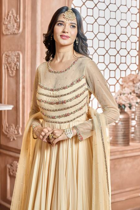 Shop_Aariyana Couture_Gold Viscose, Modal, Net Embroidery Round Neck Pleated Anarkali Set_Online_at_Aza_Fashions