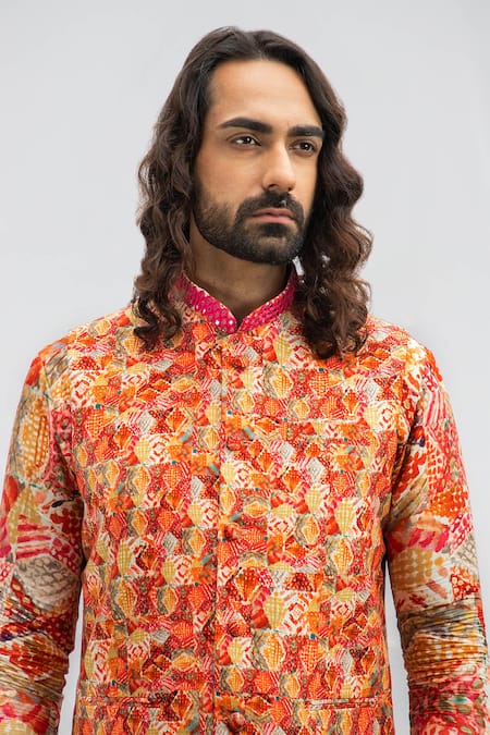 Buy_Kaka Calcutta_Red Bamboo Mirrors, Diamonds Embroidered Bam Silk Bundi _Online_at_Aza_Fashions