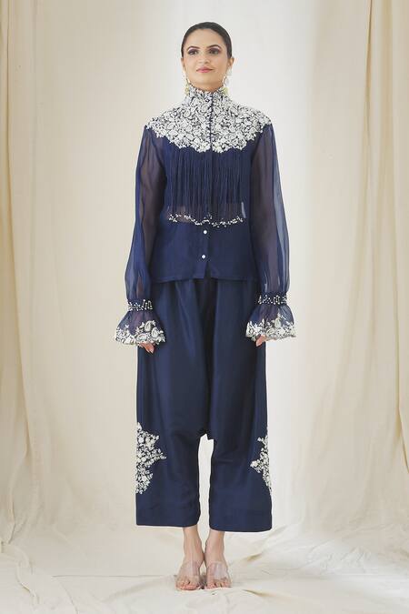 Buy_Anamika Khanna_Blue Chiffon, Cotton Tassels, Embroidery High Neck Shirt And Pant Set_Online_at_Aza_Fashions