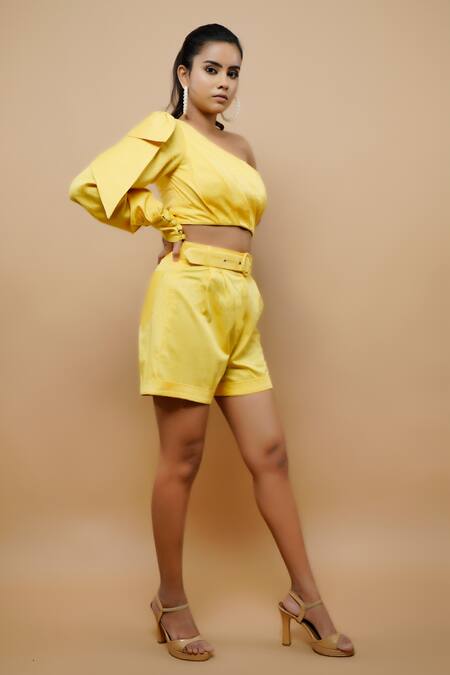 Ahi Clothing_Yellow 100% Cotton Plain Asymmetric Pleated Crop Top And Shorts Set_Online_at_Aza_Fashions
