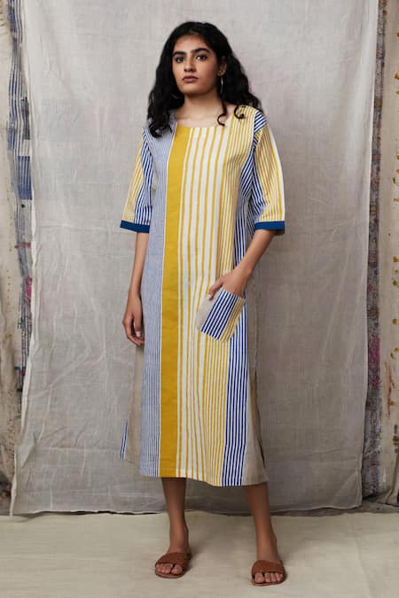 Shop Banana Labs Blue Cotton Stripe Round Printed Straight Kurta Set With Stole at Aza Fashions Shop_Banana Labs_Blue Cotton Stripe Round Printed Straight Kurta Set With Stole_at_Aza_Fashions