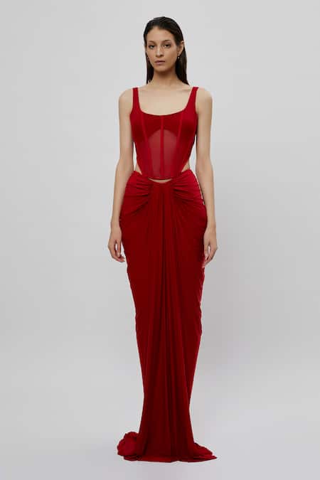 Deme by Gabriella Red Net And Malai Lycra Scoop Neck Corset Gown 