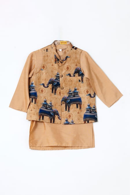 Shop Shruti Jalan Beige Cotton, Crepe, Silk Printed Elephant Bundi And Kurta Set at Aza Fashions Shop_Shruti Jalan_Beige Cotton, Crepe, Silk Printed Elephant Bundi And Kurta Set _at_Aza_Fashions