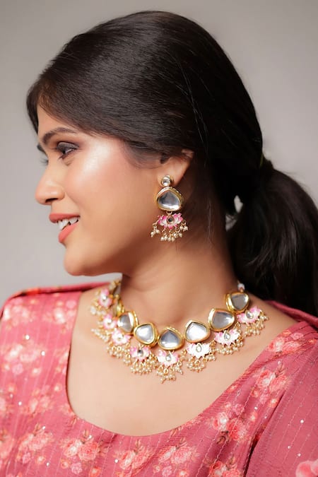 Ishhaara Gold Plated Beads Lotus Drop Choker Set