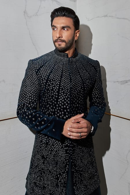 Rohit Gandhi + Rahul Khanna_Blue Velvet Beads, Metallic Thread Embroidered Sherwani _at_Aza_Fashions