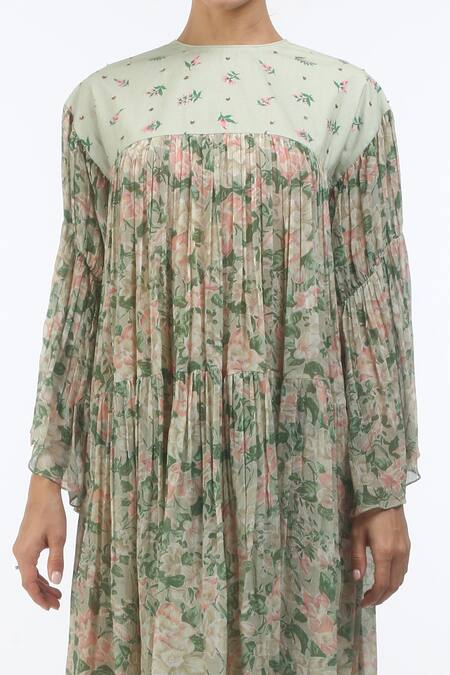 Nikasha_Grey Georgette Floral Motifs Round Hand Painted Dress _Online_at_Aza_Fashions