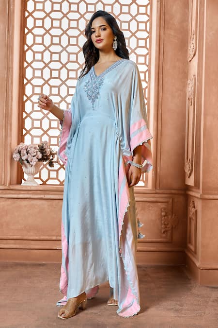 Buy Aariyana Couture Blue Cotton, Silk, Modal, Satin Lace V-neck Hand Embroidered Neckline Kaftan Online at Aza Fashions Buy_Aariyana Couture_Blue Cotton, Silk, Modal, Satin Lace V-neck Hand Embroidered Neckline Kaftan_Online_at_Aza_Fashions