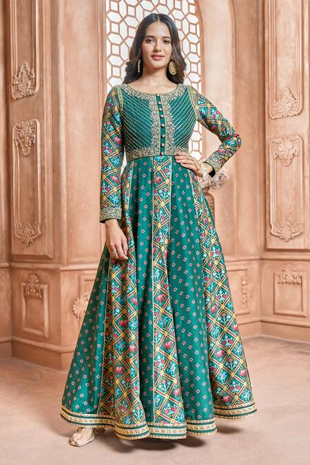 Buy_Aariyana Couture_Green Tussar, Modal, Chanderi Tassels, Embroidery Patola Print Anarkali Set_Online_at_Aza_Fashions