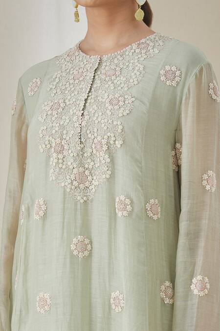 Anamika Khanna_Green Cotton Embroidery Round Neck Floral Tunic Skirt Set _Online_at_Aza_Fashions