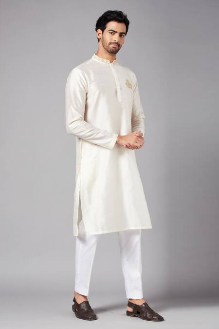 Shop_Hilo Design_Off White Cotton, Lycra Embroidery Basik Kurta And Pant Set _Online_at_Aza_Fashions